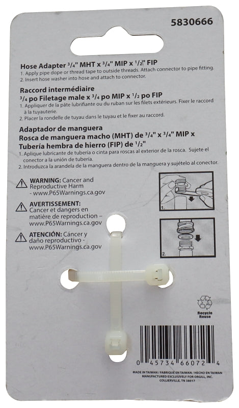 Landscapers Select PMB-466LFBC Hose Adapter, 3/4 x 3/4 x 1/2 in, MHT x MIP x FIP, Brass, Brass, For: Garden Hose