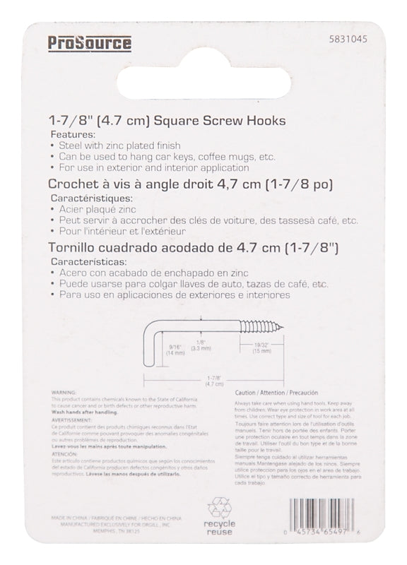 ProSource LR-398-PS Screw Hook, 9/16 in Opening, 3.8 mm Thread, 1-7/8 in L, Steel, Zinc