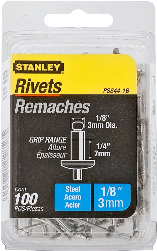 STANLEY PSS44-1B Pop Rivet, High-Strength, Reusable, 1/4 in Grip, 1/8, Galvanized Steel, 100/PK