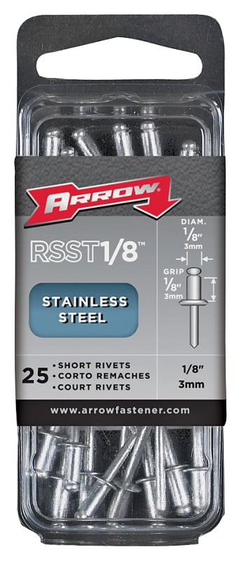 Arrow RSST1/8 Pop Rivet, Short, 1/8 in Grip, 1/8 in L, Stainless Steel