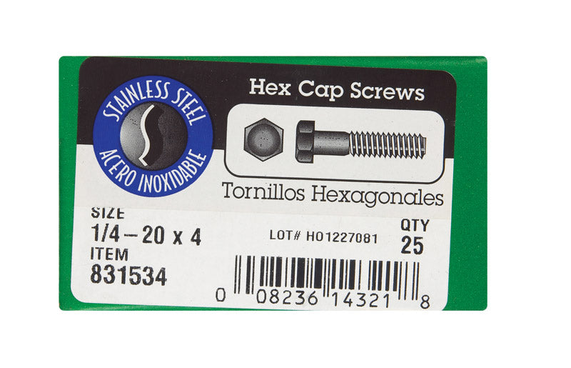 HILLMAN 1/4-20 in. D X 4 in. L Stainless Steel Hex Head Cap Screw 25 pk