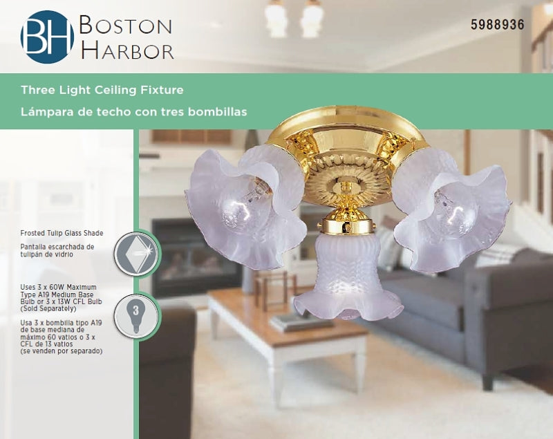 Boston Harbor F6BB03-22013L Ceiling Light Fixture, 0.5 A, 120 V, 60 W, 3-Lamp, A19 or CFL Lamp, Metal Fixture