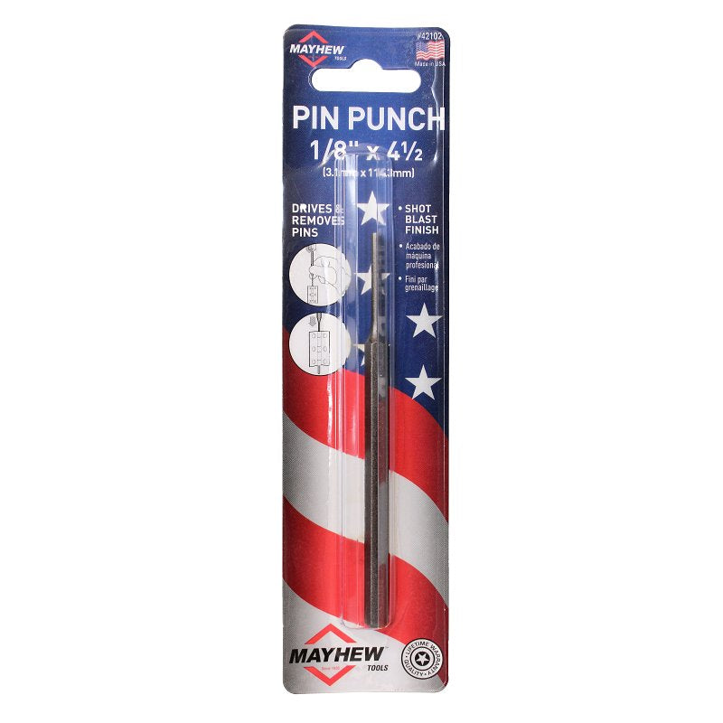 Mayhew 42102 Pin Punch, 1/8 in Tip, 4-1/2 in L, 1/4 in Dia Shank, Hex Shank, Alloy Steel