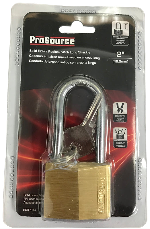 ProSource HD10042 Padlock, Long Shackle, 1/4 in Dia Shackle, 2-1/4 in H Shackle, Steel Shackle, Brass Body, Solid Brass