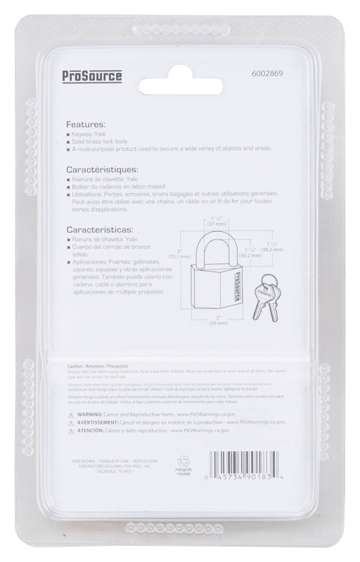 ProSource HD10050 Padlock, Standard Shackle, 5/16 in Dia Shackle, 1-1/2 in H Shackle, Steel Shackle, Brass Body