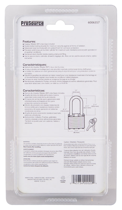 ProSource HD00020L Padlock, Long Shackle, 1/4 in Dia Shackle, 2-3/4 in H Shackle, Steel Shackle, Steel Body