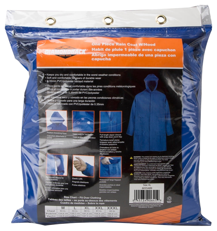 Diamondback 8156GRBXL Rain Parka, XL, PVC, Blue, Hooded Collar, Zipper with Snap Down Storm Flap Closure