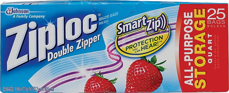 Ziploc 00330 Series Storage Bag, Zipper Closure, 7 in W, 7-7/16 in L, 1 qt Capacity, Plastic