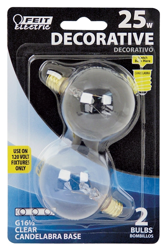 Feit Electric BP25G161/2 Incandescent Lamp, Clear Lamp, 1.5 in D x 2.37 in H Dimensions, 25 W, G16-1/2 Lamp, 170 Lumens, Pack of 6