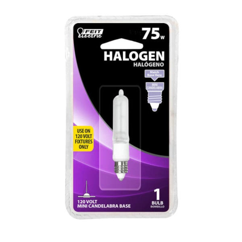 Feit Electric BPQ75/CL/MC Tubular Halogen Bulb, 75 W, E11 Candelabra Lamp Base, T4 Lamp, 3000 K Color Temp