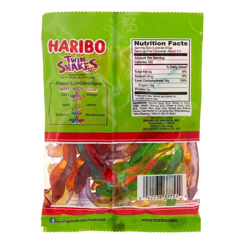Haribo Twin Snakes Sweet/Sour Gummi Candy 5 oz, Pack of 12