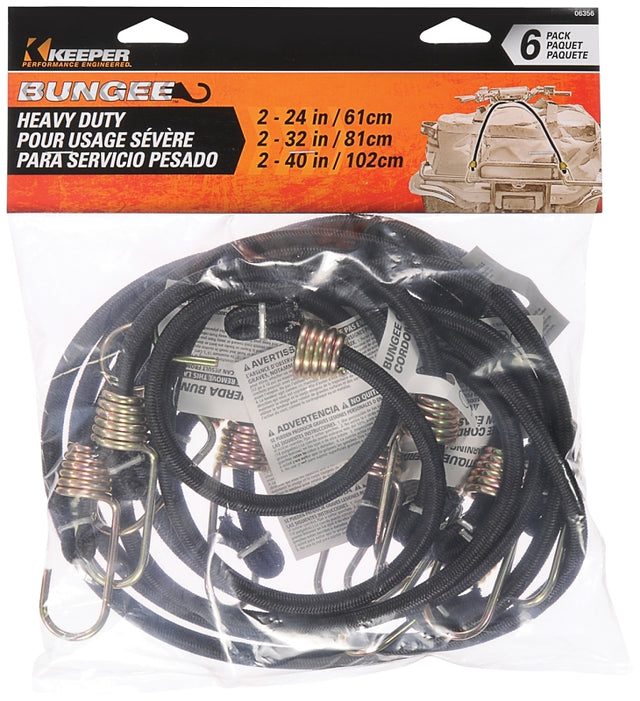 Keeper 06356 Bungee Cord, Rubber, Hook End, 6/PK