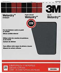 3M Wetordry 99422NA Sandpaper, Black, 11 in L, 9 in W, Very Fine, 220 Grit, Silicon Carbide Abrasive, Paper Backing