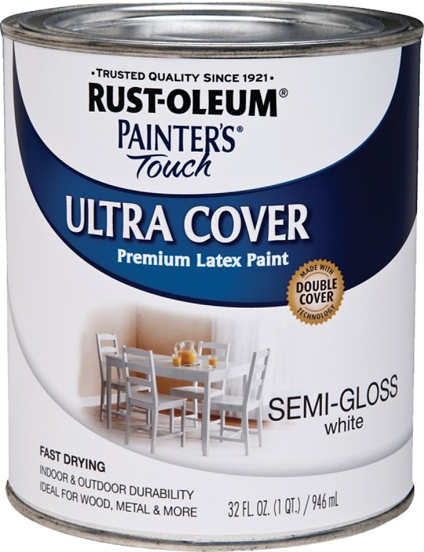 Rust-Oleum 1993502 Enamel Paint, Water Base, Semi-Gloss Sheen, White, 1 qt, Can, 120 sq-ft Coverage Area