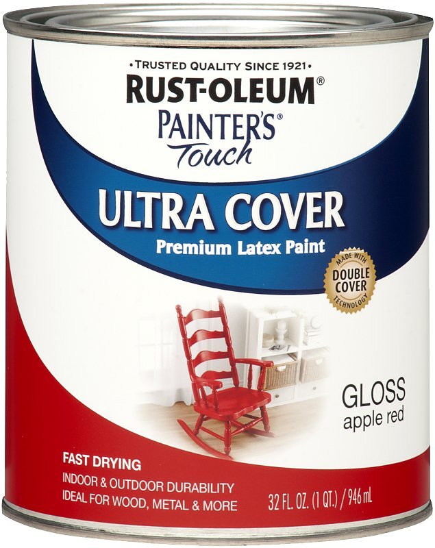 Rust-Oleum 1966502 Enamel Paint, Water Base, Gloss Sheen, Apple Red, 1 qt, Can, 120 sq-ft Coverage Area