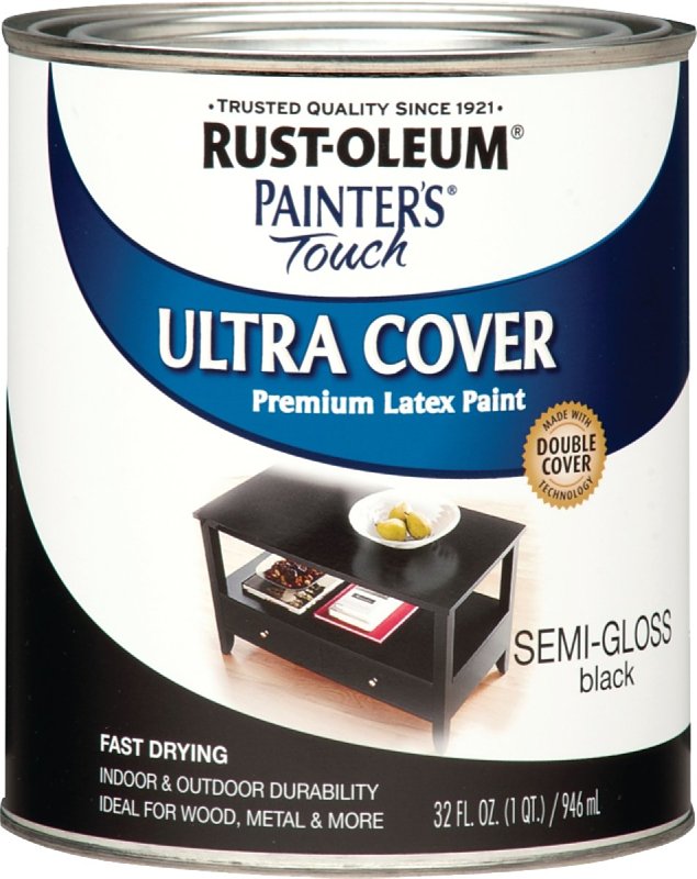Rust-Oleum 1974502 Enamel Paint, Water Base, Semi-Gloss Sheen, Black, 1 qt, Can, 120 sq-ft Coverage Area