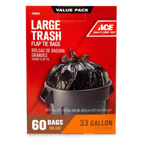 Ace 33 gal No Scent Trash Bags Flap Tie 60 pk, Pack of 6