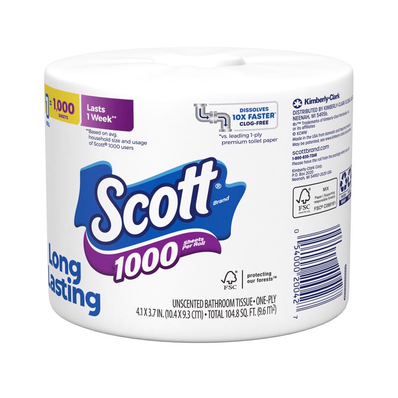 Scott Toilet Paper 1 Rolls 1000 sheet 104.8 sq ft, Pack of 36