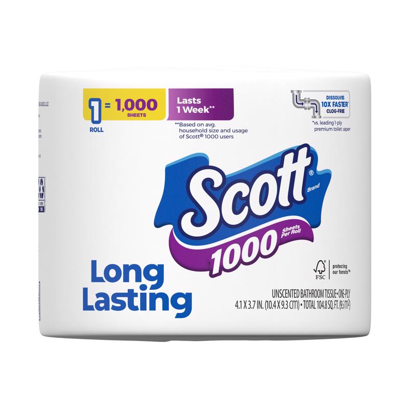 Scott Toilet Paper 1 Rolls 1000 sheet 104.8 sq ft, Pack of 36