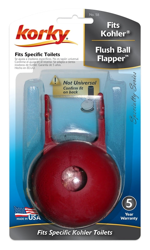 Korky 0058BP Flush Ball Flapper, Chlorazone Rubber, Red, For: Kohler 2-Piece Toilets