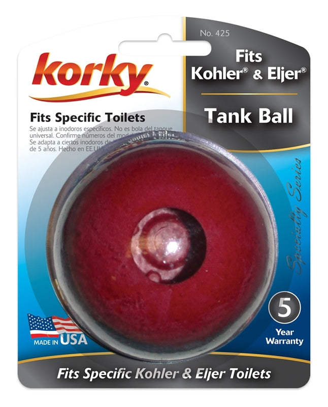 Korky 0425BP Tank Ball, Chlorazone Rubber, Red, For: Kohler Part 88921 and Eljer Touch Flush Assemblies