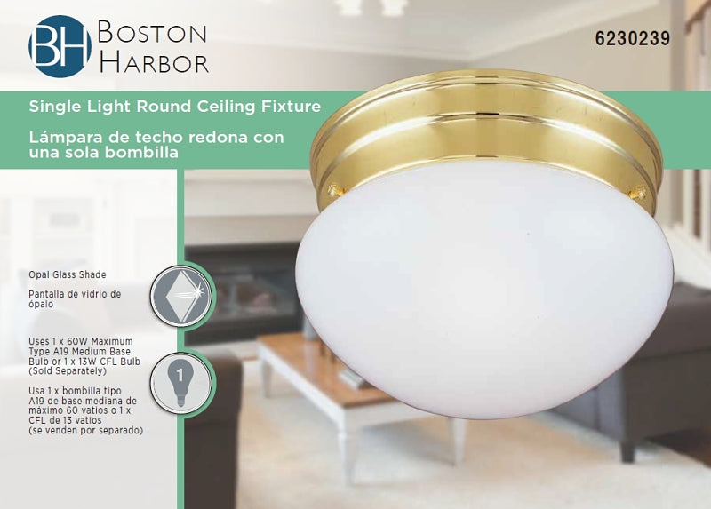Boston Harbor F13BB01-68543L Single Light Round Ceiling Fixture, 120 V, 60 W, 1-Lamp, A19 or CFL Lamp
