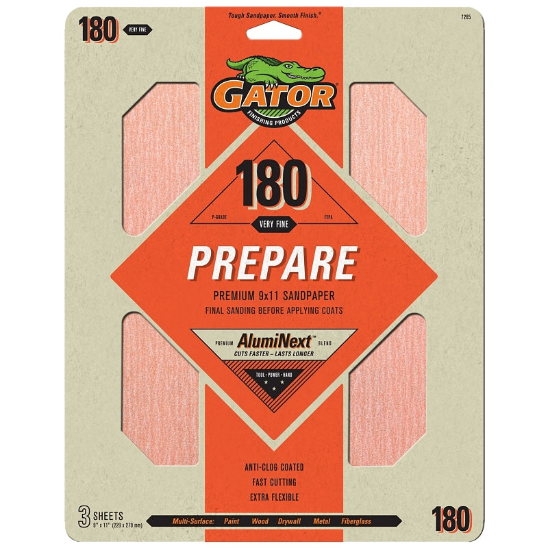 Gator 7265 Sanding Sheet, 11 in L, 9 in W, Extra Fine, 180 Grit, Aluminum Oxide Abrasive