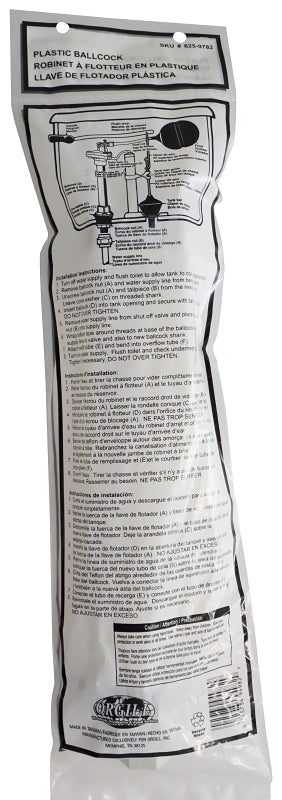 ProSource PMB-171 Toilet Ballcock, Plastic, Anti-Siphon: Yes, For: 12 in or Higher Toilet Tank