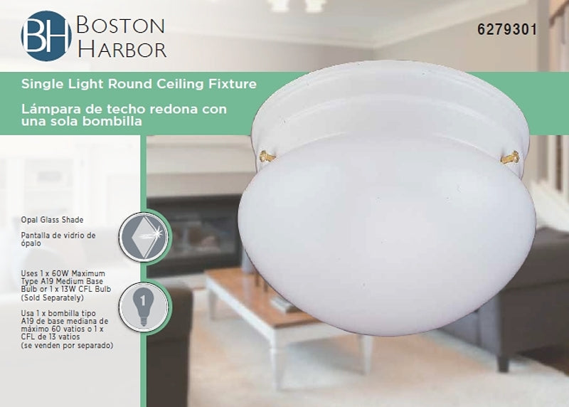 Boston Harbor F13WH01-68543L Single Light Round Ceiling Fixture, 120 V, 60 W, 1-Lamp, A19 or CFL Lamp, White Fixture