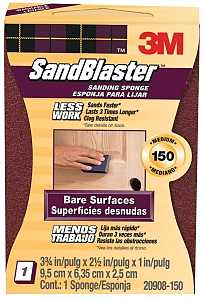3M SandBlaster 20908-150 Sanding Sponge, 3-3/4 in L, 2-5/8 in W, 150 Grit, Medium, Aluminum Oxide Abrasive