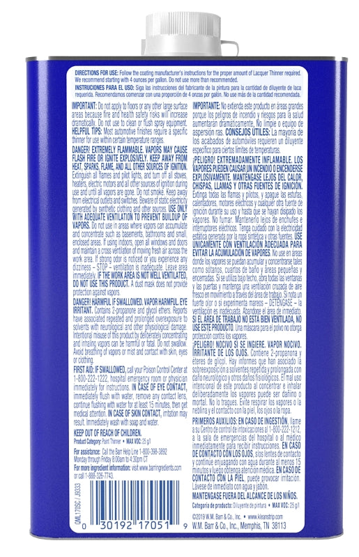 Klean Strip QML170SC Lacquer Thinner, Liquid, Characteristic Ketone, Clear, 1 qt Can, Pack of 6