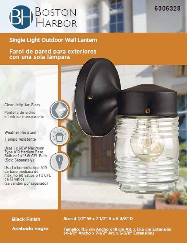 Boston Harbor W15BK01-33883L Outdoor Wall Lantern, 120 V, 60 W, A19 or CFL Lamp, Steel Fixture, Black, Black Fixture