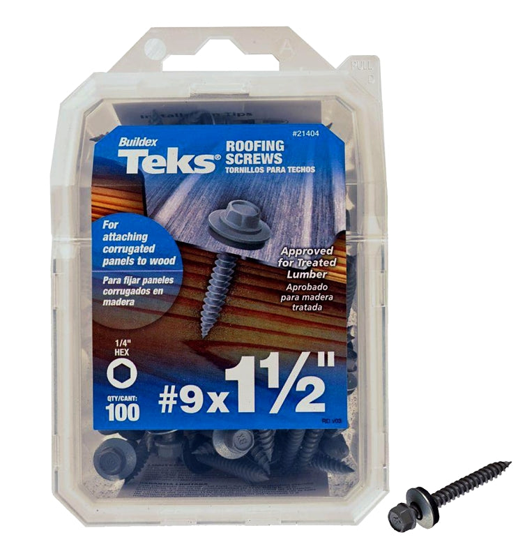 Teks 21404 Roofing Screw, #9 Thread, Coarse Thread, Hex Drive, Sharp Point, Steel, Zinc, 100 PK