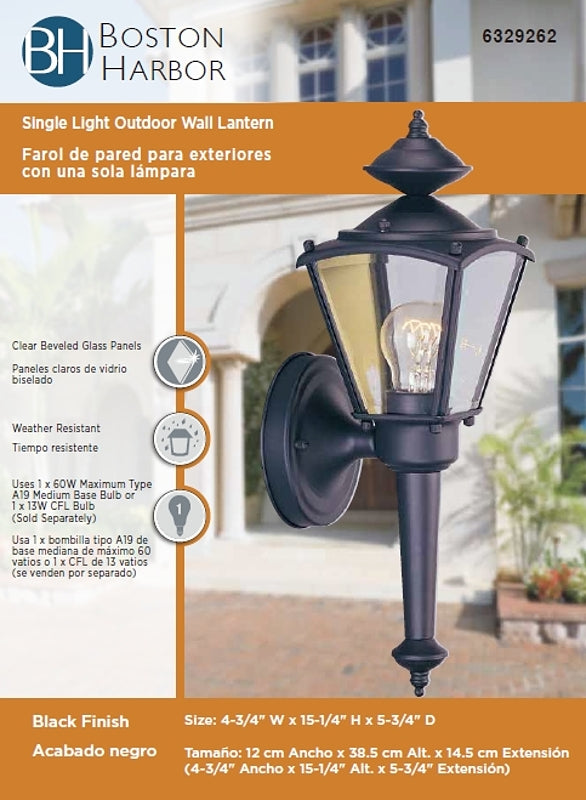 Boston Harbor 4003H-53L Outdoor Wall Lantern, 120 V, 60 W, A19 or CFL Lamp, Steel Fixture, Black, Black Fixture