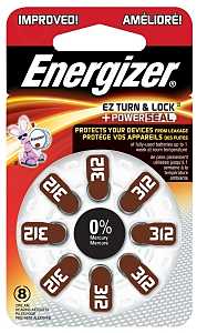 Energizer 312 AZ312DP-8 Hearing Aid Battery, 1.4 V Battery, 155 mAh, Zinc-Air