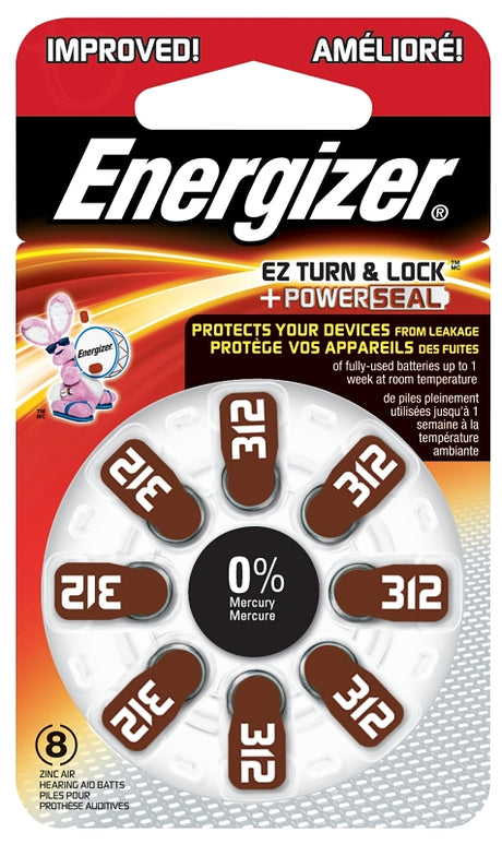 Energizer 312 AZ312DP-8 Hearing Aid Battery, 1.4 V Battery, 155 mAh, Zinc-Air