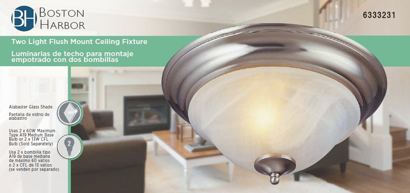 Boston Harbor BRT-ATE1012-SC3L Ceiling Light Fixture, 0.5 A, 120 V, 60 W, 2-Lamp, A19 or CFL Lamp, Metal Fixture