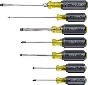 Klein Tools 85076 General Purpose Screwdriver Set, 7-Piece, Steel, Chrome, Black, Specifications: Round, Square Shank