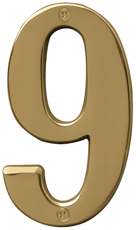 Hy-Ko Prestige Series BR-51PB/9 House Number, Character: 9, 5 in H Character, Brass Character, Solid Brass, Pack of 3