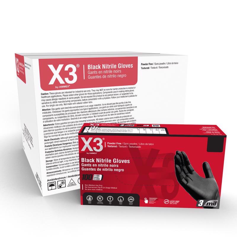 X3 Nitrile Disposable Gloves X-Large Black Powder Free 100 pk