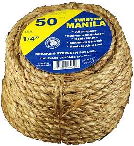 T.W. Evans Cordage 26-001 Rope, 1/4 in Dia, 50 ft L, 54 lb Working Load, Manila, Natural