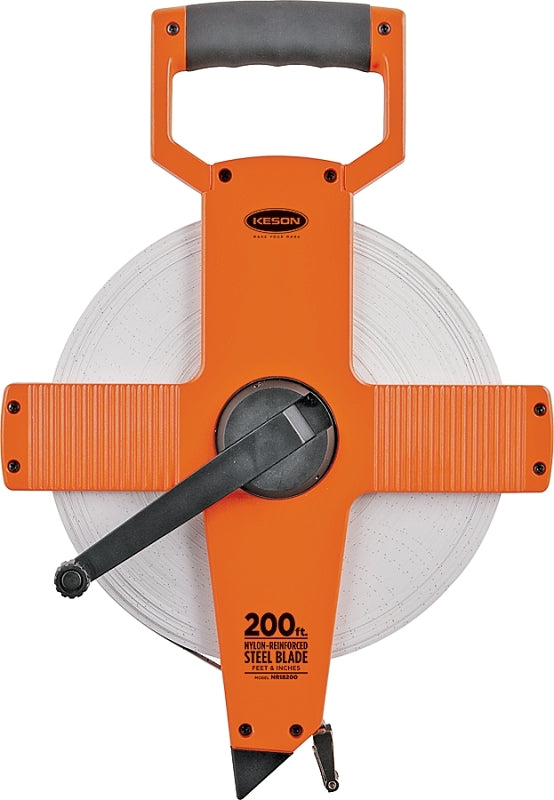 Keson NR18200 Tape Measure, 200 ft L Blade, 3/8 in W Blade, Steel Blade, ABS Case, Gray Case