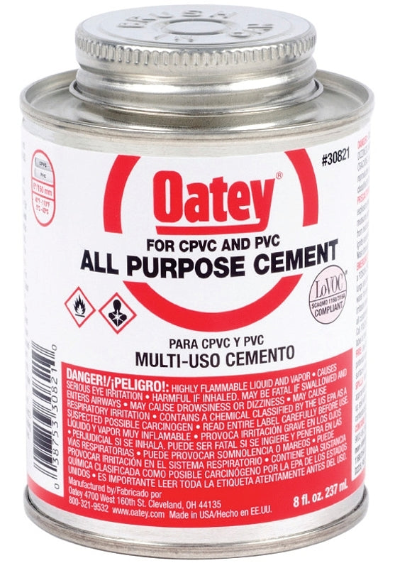 Oatey 30821 Solvent Cement, 8 oz Can, Liquid, Milky Clear