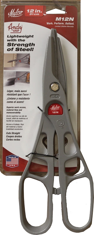 Malco Andy Snip M12N/M12 Pattern Snip, 12 in OAL, 3 in L Cut, Straight Cut, Steel Blade, Loop Handle, Gray Handle