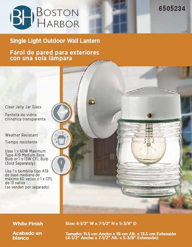 Boston Harbor W15WH01-33883L Outdoor Wall Lantern, 120 V, 60 W, A19 or CFL Lamp, Steel Fixture, White, White Fixture