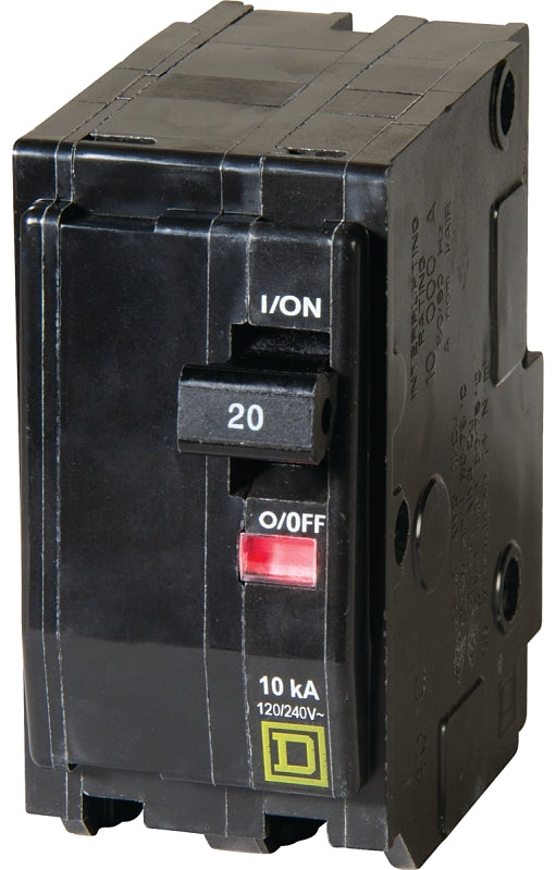 Square D QO QO220C Circuit Breaker, Mini, 20 A, 2-Pole, 120/240 VAC, 48 VDC, Black, Plug
