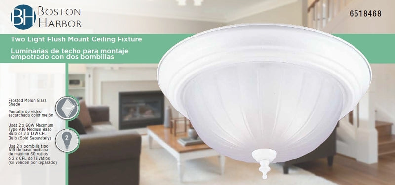 Boston Harbor F51WH02-1005-3L Two Light Flush Mount Ceiling Fixture, 120 V, 60 W, 2-Lamp, A19 or CFL Lamp