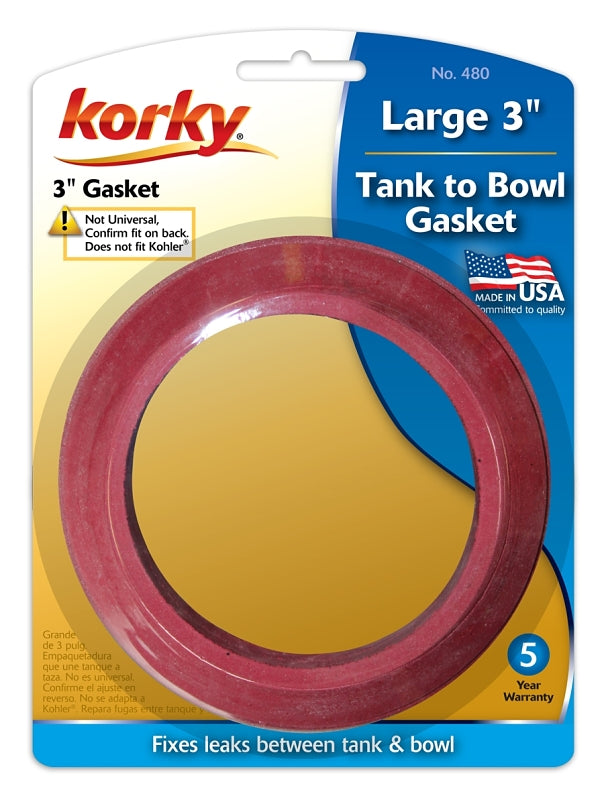 Korky 480BP Tank-to-Bowl Gasket, 3 in ID x 4-1/4 in OD Dia, Sponge Rubber, Red, For: 3 in 2-Piece Toilet Tanks