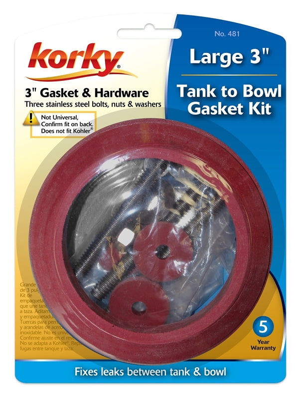 Korky 481BP Tank-to-Bowl Gasket, 3 in ID x 4-1/4 in OD Dia, Sponge Rubber, Red, For: 3 in 2-Piece Toilet Tanks