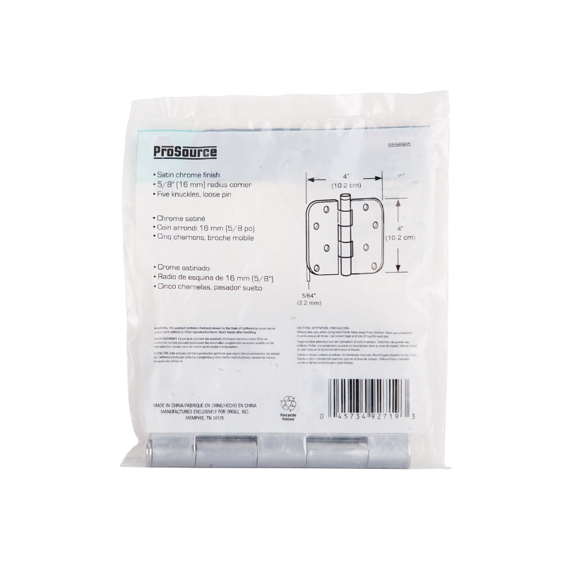 ProSource 20348SCX Door Hinge, Steel, Satin Chrome, Loose Pin, 180 deg Range of Motion, Screw Mounting